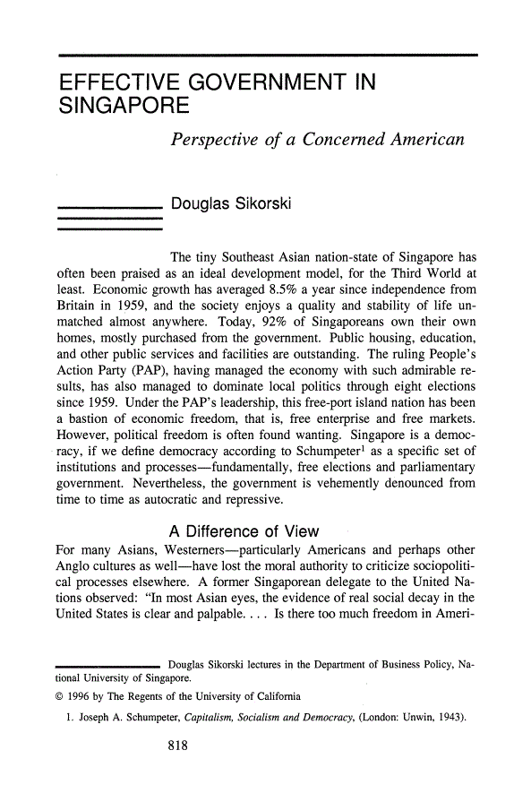 First page of Effective Government in Singapore: Perspective of a Concerned American