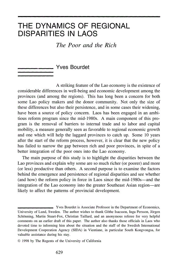 First page of The Dynamics of Regional Disparities in Laos: The Poor and the Rich