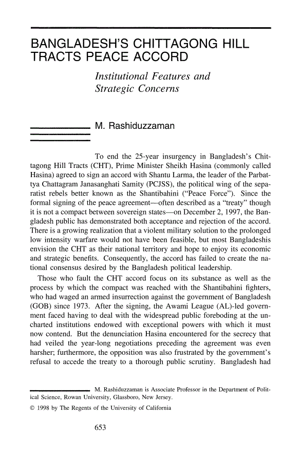 First page of Bangladesh's Chittagong Hill Tracts Peace Accord: Institutional Features and Strategic Concerns