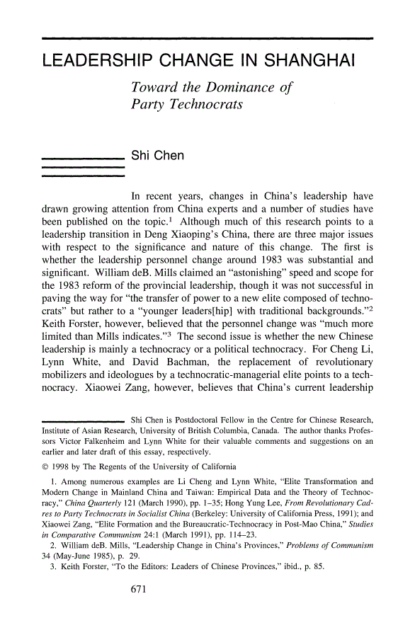 First page of Leadership Change in Shanghai: Toward the Dominance of Party Technocrats