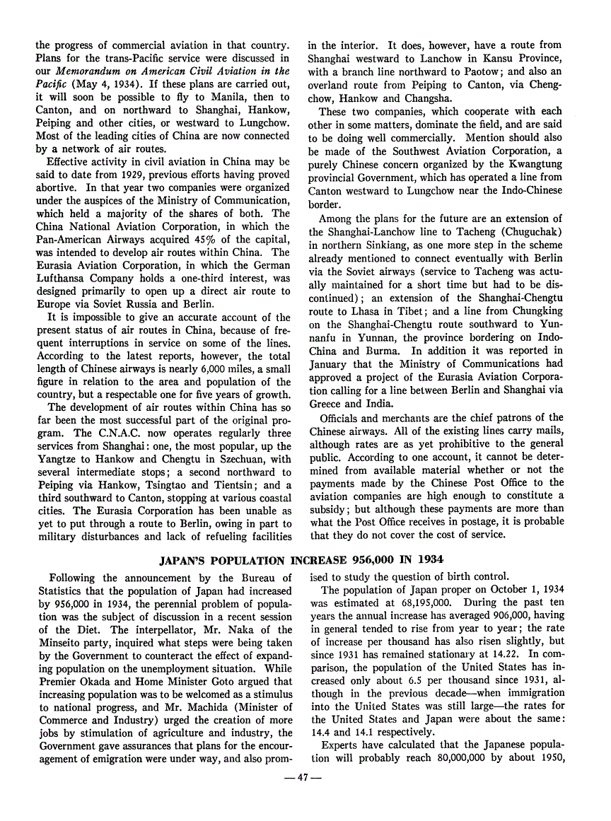 First page of Japan's Population Increase 956,000 in 1934