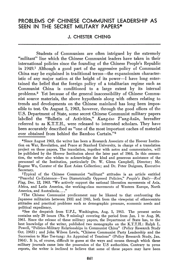 First page of Problems of Chinese Communist Leadership as Seen in the Secret Military Papers