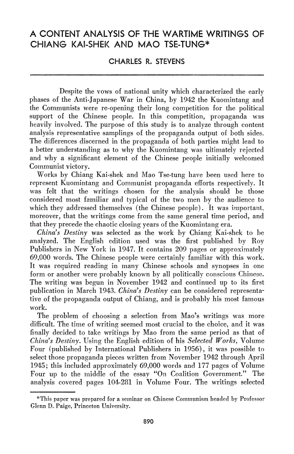 First page of A Content Analysis of the Wartime Writings of Chiang Kai-Shek and Mao Tse-Tung