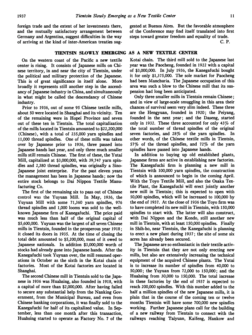 First page of Tientsin Slowly Emerging as a New Textile Center