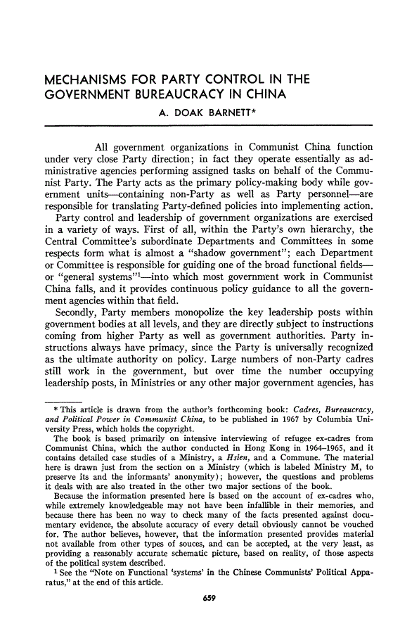 First page of Mechanisms for Party Control in the Government Bureaucracy in China