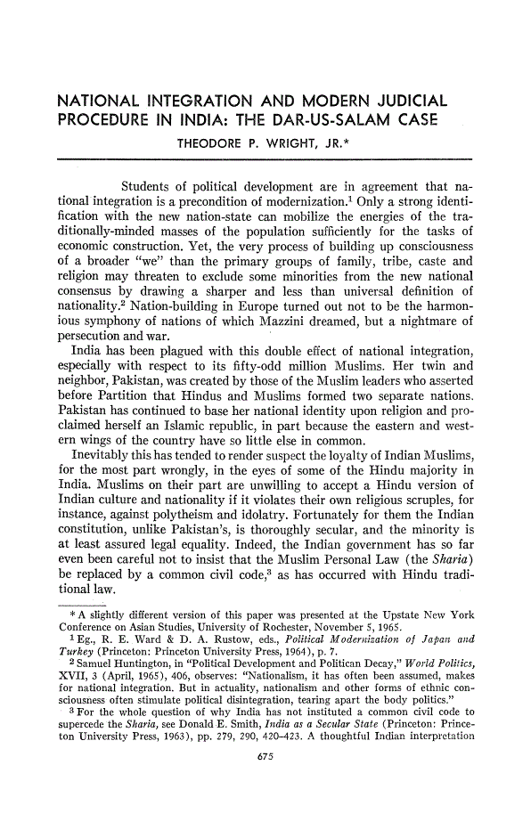 First page of National Integration and Modern Judicial Procedure in India: The Dar-Us-Salam Case