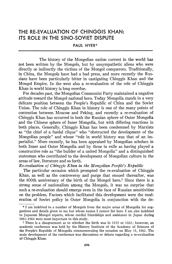 First page of The Re-Evaluation of Chinggis Khan: Its Role in the Sino-Soviet Dispute