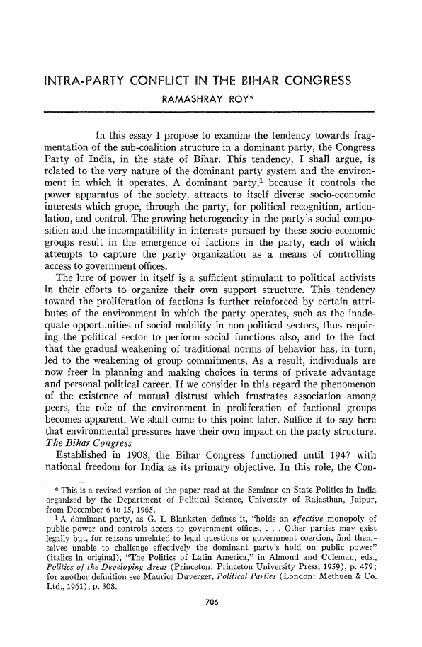 First page of Intra-Party Conflict in the Bihar Congress