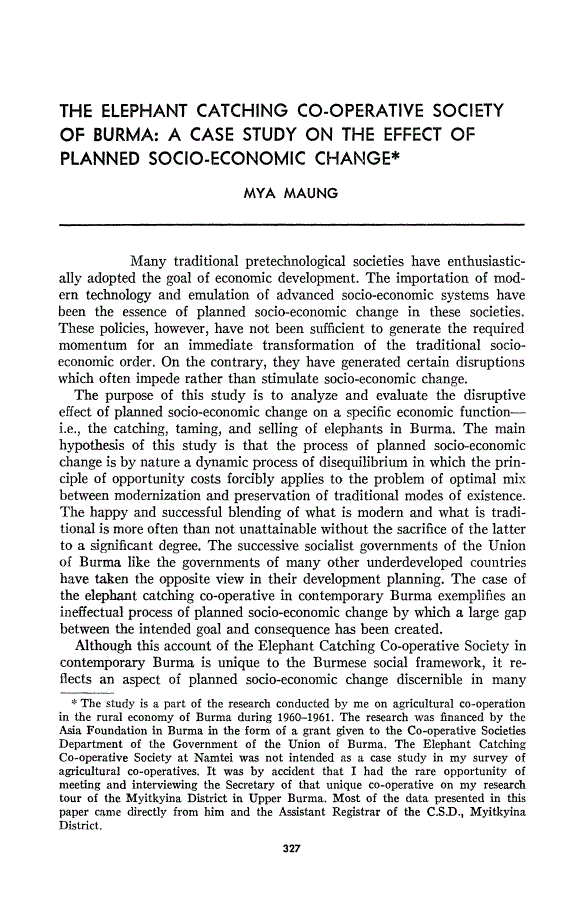 First page of The Elephant Catching Co-Operative Society of Burma: A Case Study on the Effect of Planned Socio-Economic Change