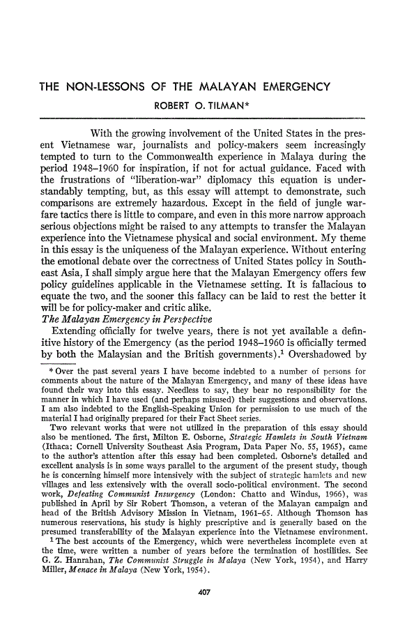 First page of The Non-Lessons of the Malayan Emergency