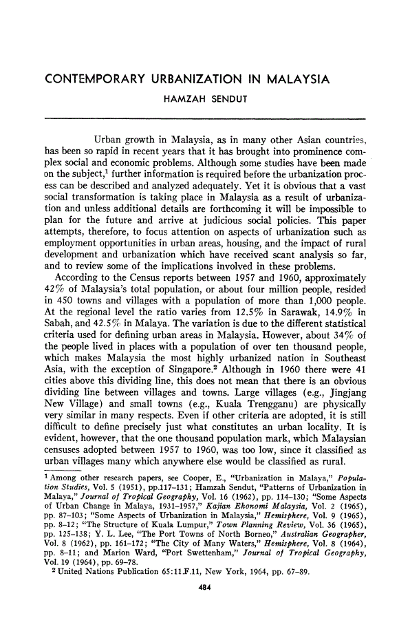 First page of Contemporary Urbanization in Malaysia