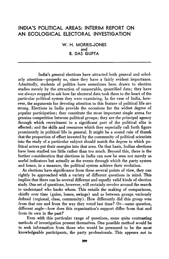 First page of India's Political Areas: Interim Report on an Ecological Electoral Investigation