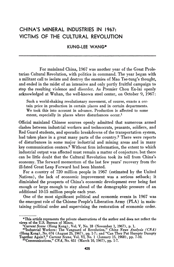 First page of China's Mineral Industries in 1967: Victims of the Cultural Revolution