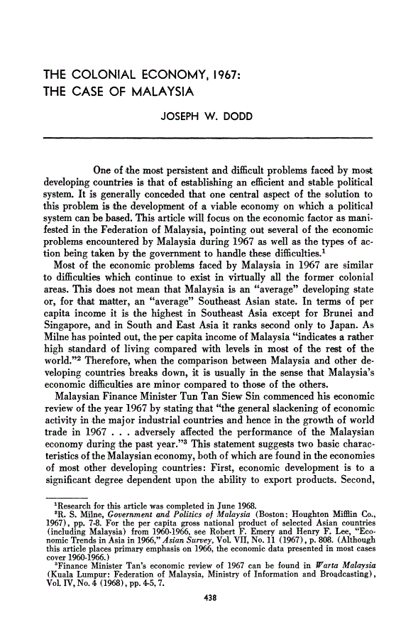 First page of The Colonial Economy, 1967: The Case of Malaysia