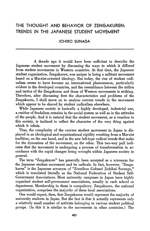 First page of The Thought and Behavior of Zengakuren: Trends in the Japanese Student Movement