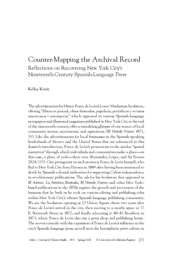 First page of Counter-Mapping the Archival Record<subtitle>Reflections on Recovering New York City’s Nineteenth-Century Spanish-Language Press</subtitle>