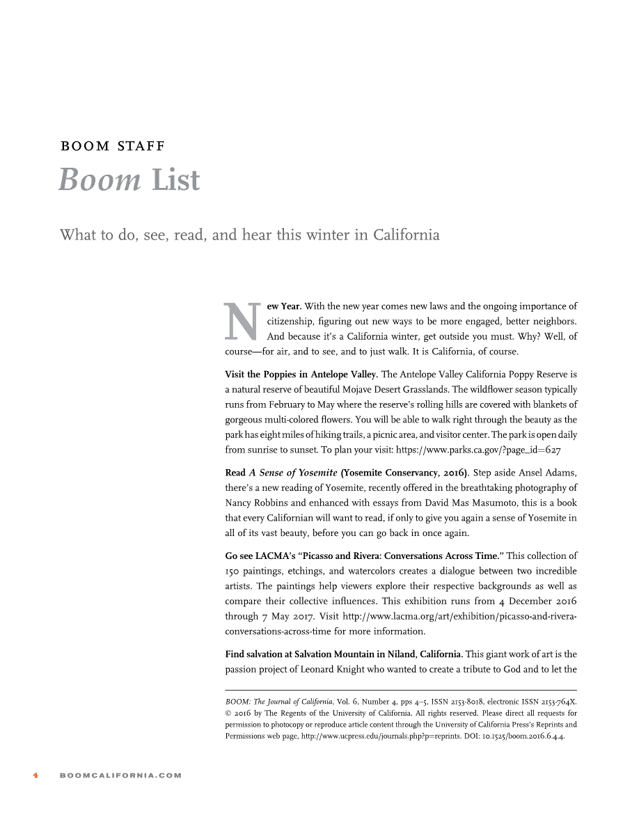 First page of <italic>Boom</italic> List<subtitle>What to do, see, read, and hear this winter in California</subtitle>