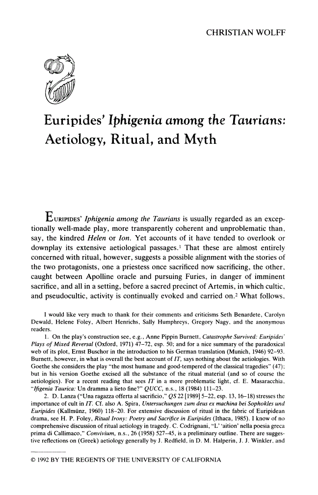 First page of Euripides' "Iphigenia among the Taurians": Aetiology, Ritual, and Myth