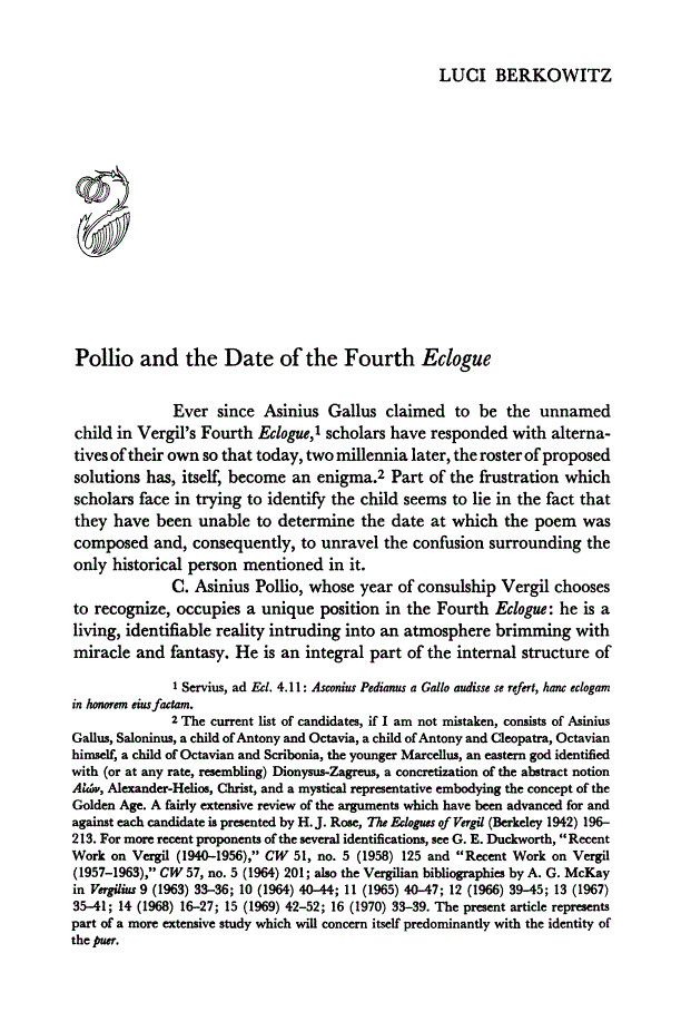 First page of Pollio and the Date of the Fourth "Eclogue"