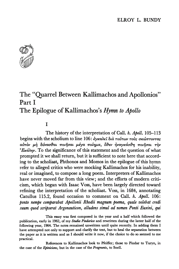 First page of The "Quarrel between Kallimachos and Apollonios" Part I: The Epilogue of Kallimachos's "Hymn to Apollo"
