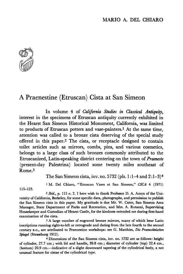 First page of A Praenestine (Etruscan) Cista at San Simeon