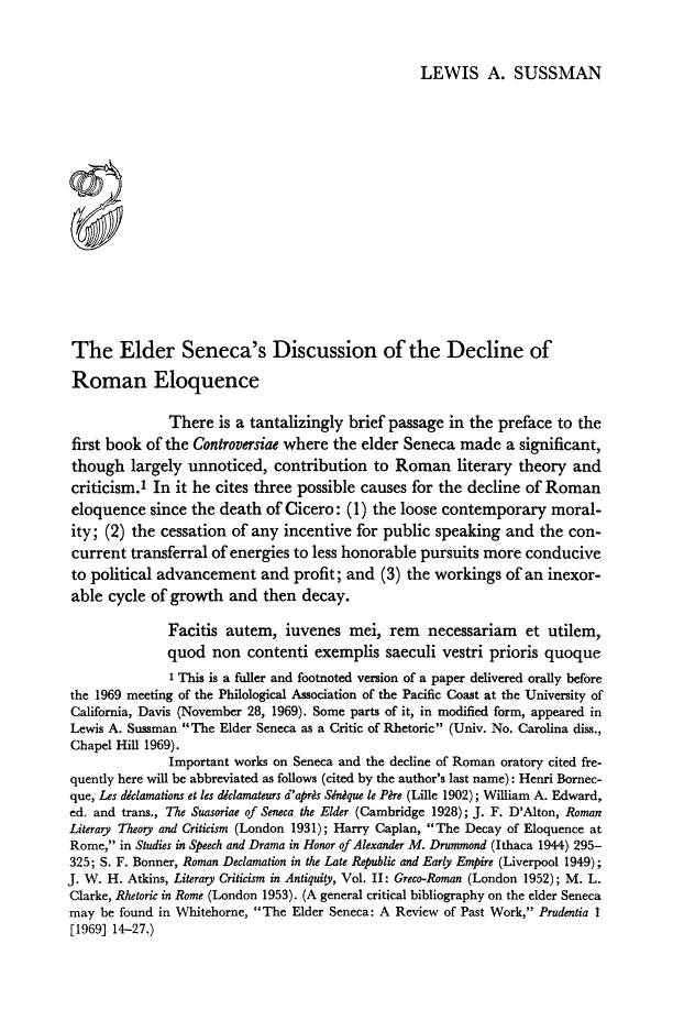 First page of The Elder Seneca's Discussion of the Decline of Roman Eloquence