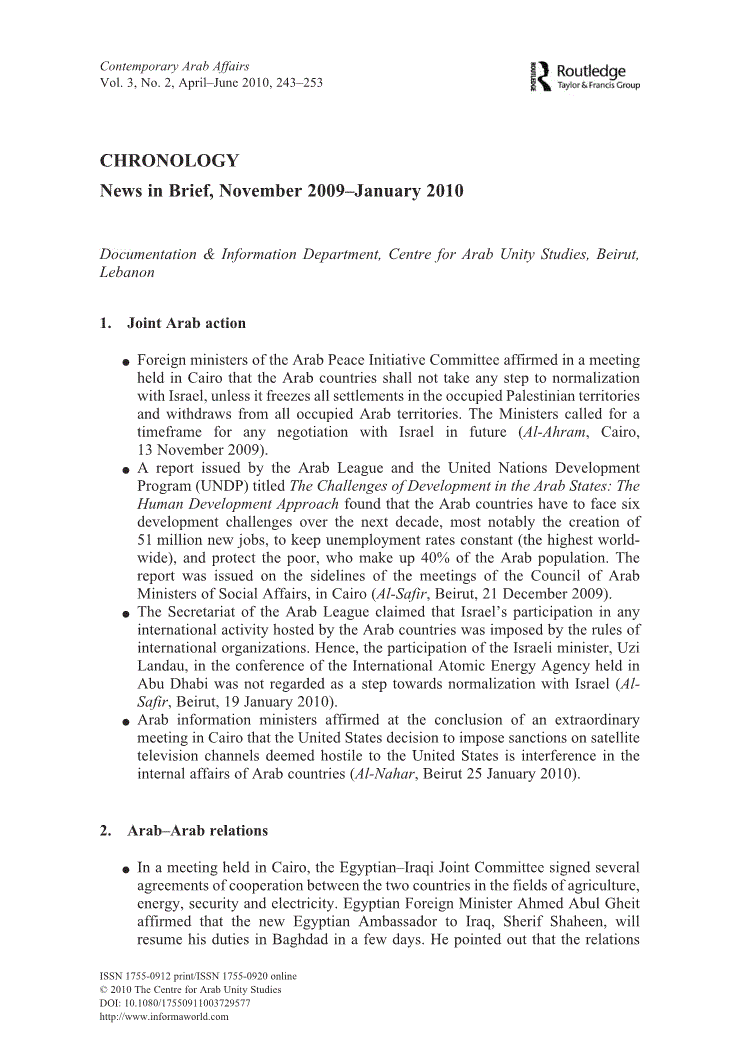 First page of News in Brief, November 2009–January 2010