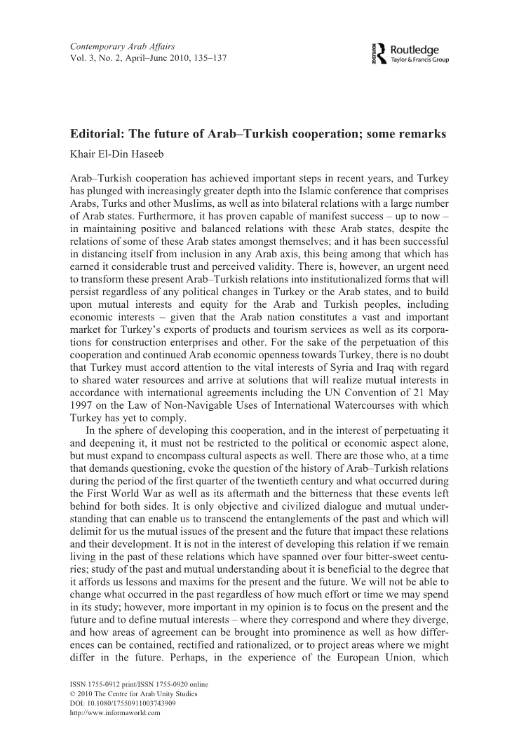 First page of Editorial: The future of Arab–Turkish cooperation; some remarks