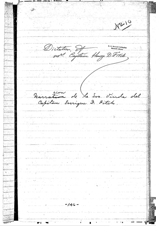 Title page of Josefa Carrillo’s testimonio. Dictation of Mrs. Captain Henry D. Fitch.