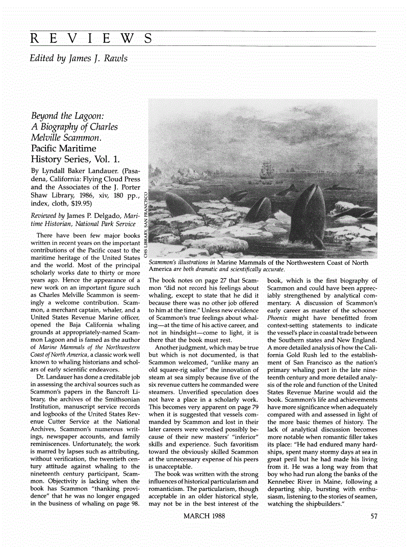 First page of Review: <italic>Beyond the Lagoon: A Biography of Charles Melville Scammon. Pacific Maritime History Series, Vol. 1</italic>, by Lyndall Baker Landauer