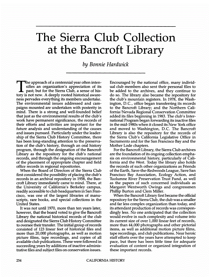First page of The Sierra Club Collection at the Bancroft Library