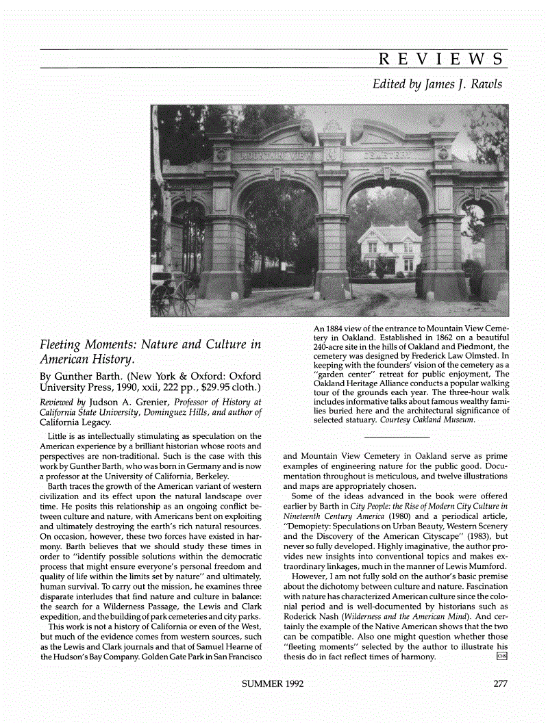 First page of Review: <italic>Fleeting Moments: Nature and Culture in American History</italic>, by Gunther Barth