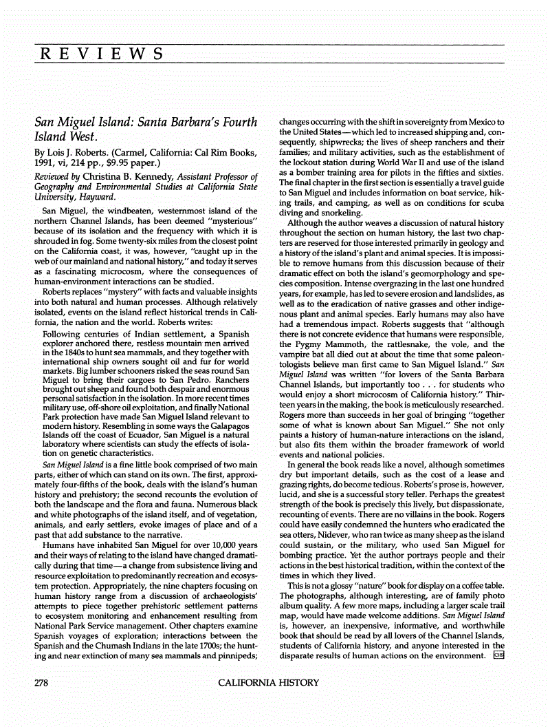 First page of Review: <italic>San Miguel Island: Santa Barbara's Fourth Island West</italic>, by Lois J. Roberts