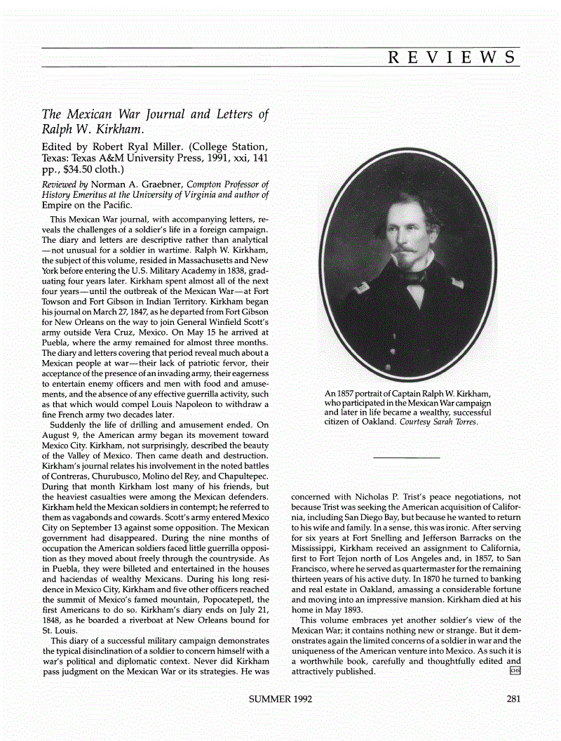 First page of Review: <italic>The Mexican War Journal and Letters of Ralph W. Kirkham</italic>, by Ralph W. Kirkham and Robert Ryal Miller