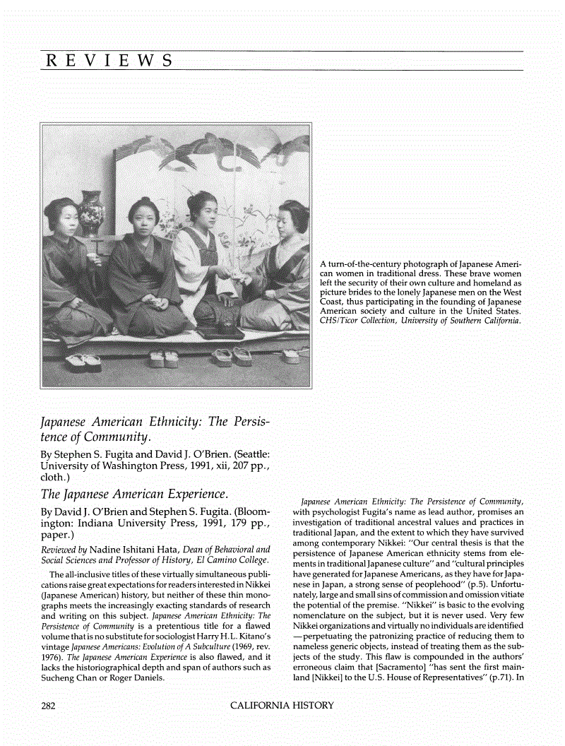 First page of Review: <italic>Japanese American Ethnicity: The Persistence of Community</italic>, by Stephen S. Fugita and David J. O'Brien and <italic>The Japanese American Experience</italic>, by David J. O'Brien and Stephen S. Fugita