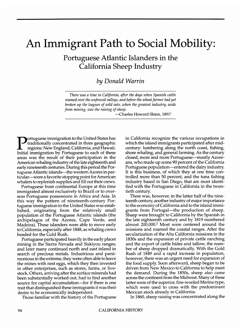 First page of An Immigrant Path to Social Mobility: Portuguese Atlantic Islanders in the California Sheep Industry