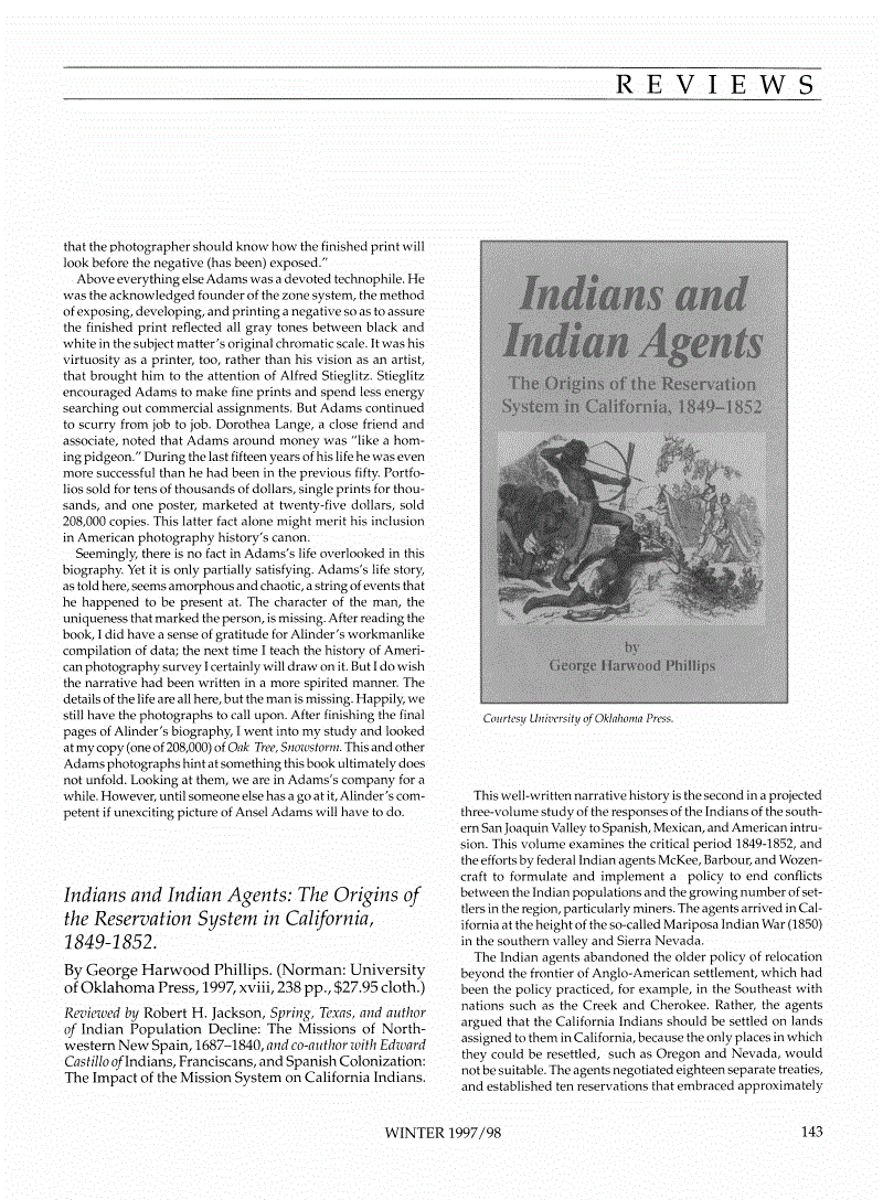 First page of Review: <italic>Indians and Indian Agents: The Origins of the Reservation System in California, 1849-1852</italic>, by George Harwood Phillips