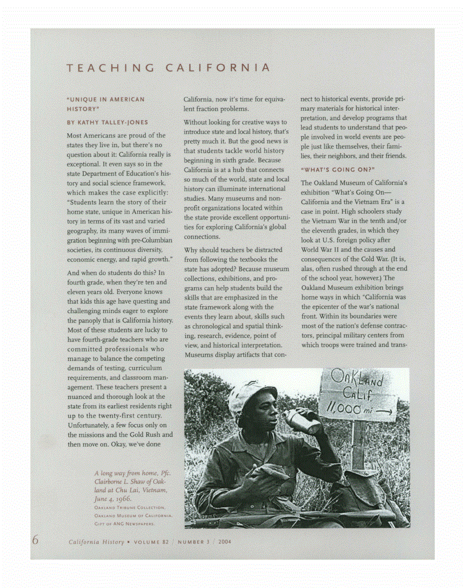 First page of Teaching California: "Unique in American History"