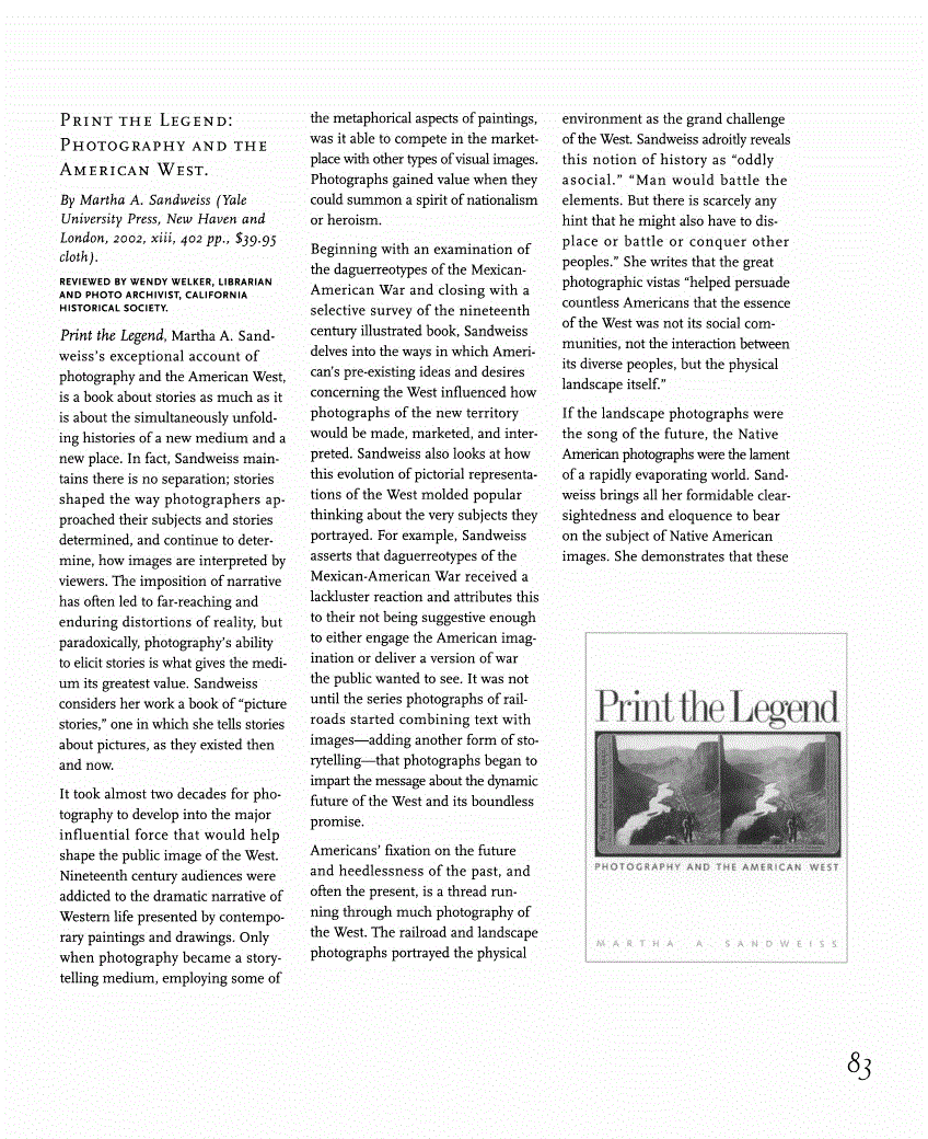 First page of Review: <italic>Print the Legend: Photography and the American West</italic>, by Martha A. Sandweiss