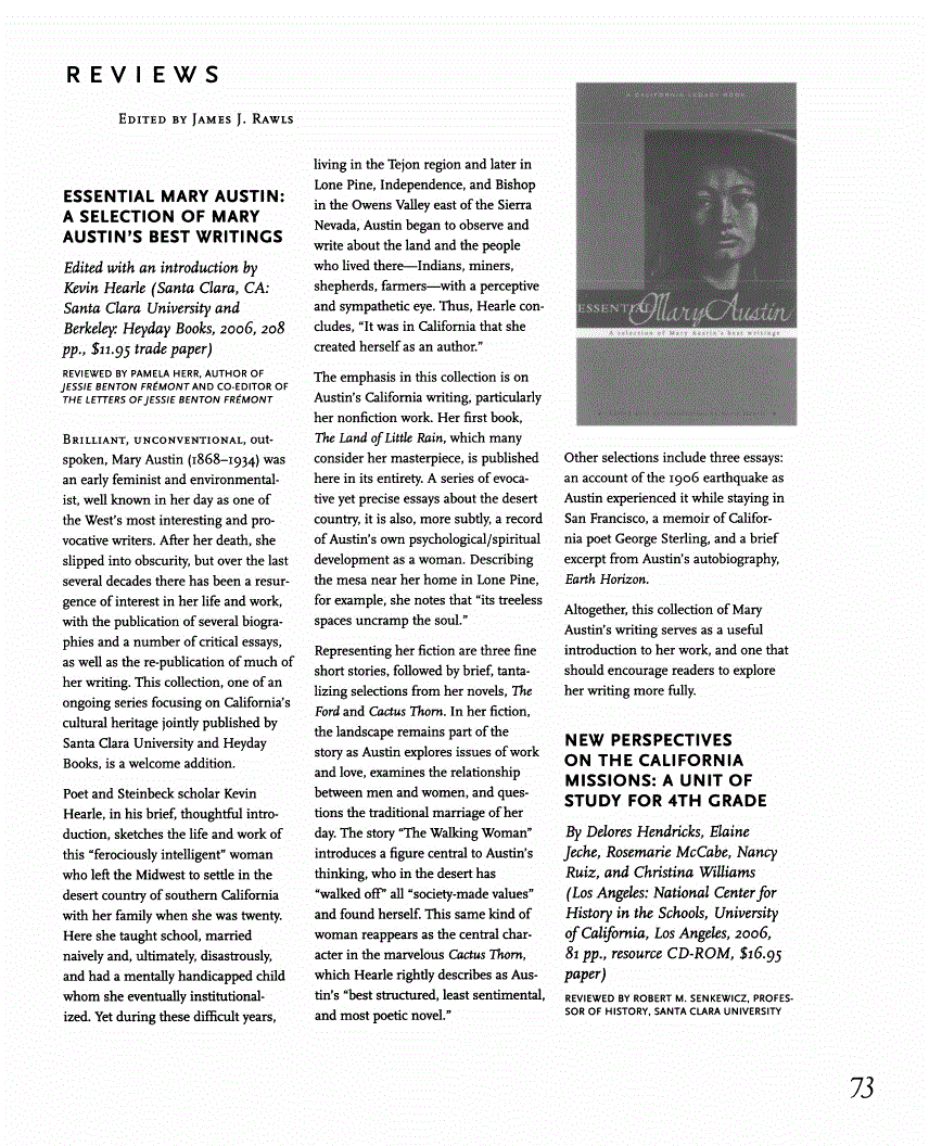 First page of Review: <italic>New Perspectives on the California Missions: A Unit of Study for 4th Grade</italic>, by Delores Hendricks, Elaine Jeche, Rosemarie McCabe, Nancy Ruiz, and Christina Williams
