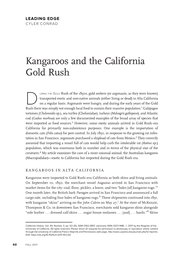 First page of Kangaroos and the California Gold Rush