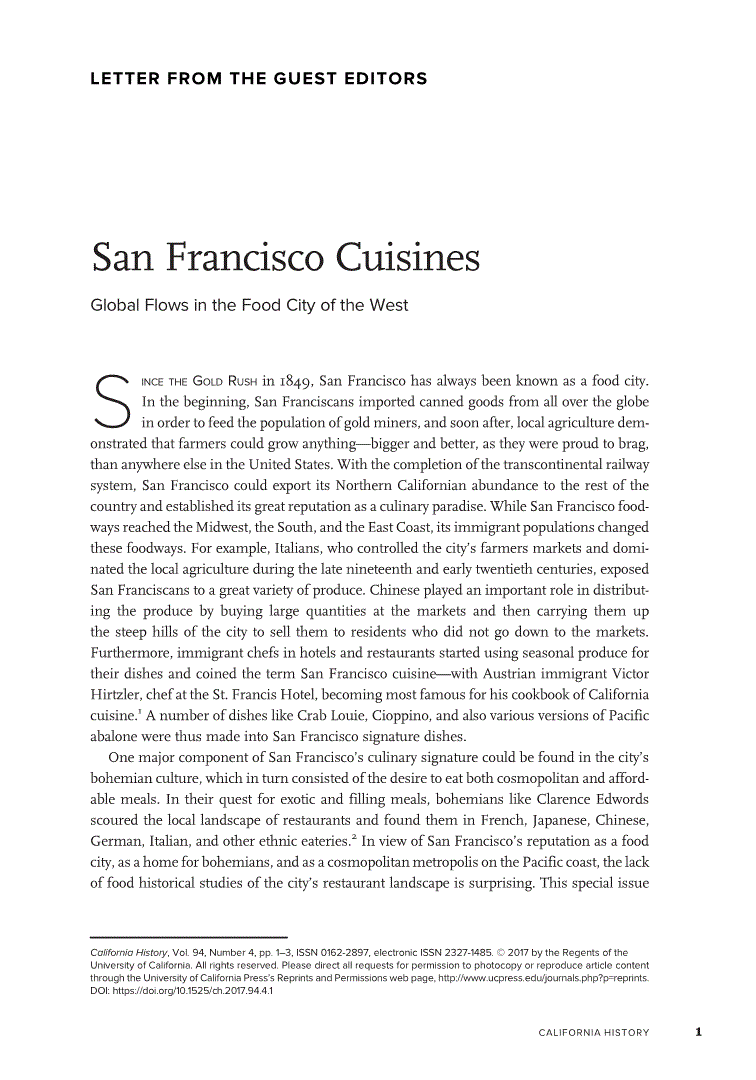 First page of San Francisco Cuisines<subtitle>Global Flows in the Food City of the West</subtitle>