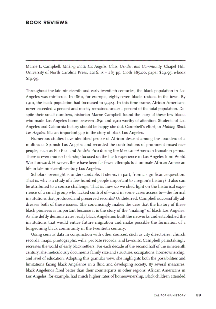 First page of Review: <italic>Making Black Los Angeles: Class, Gender, and Community</italic>, by Marne L. Campbell