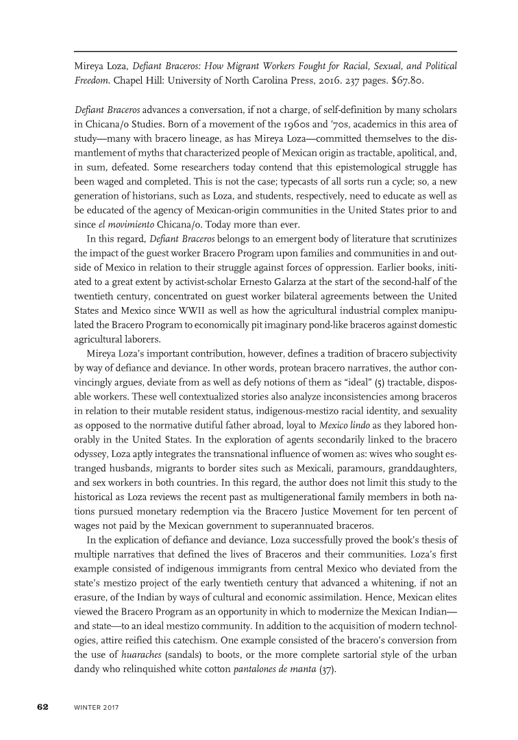 First page of Review: <italic>Defiant Braceros: How Migrant Workers Fought for Racial, Sexual, and Political Freedom</italic>, by Mireya Loza