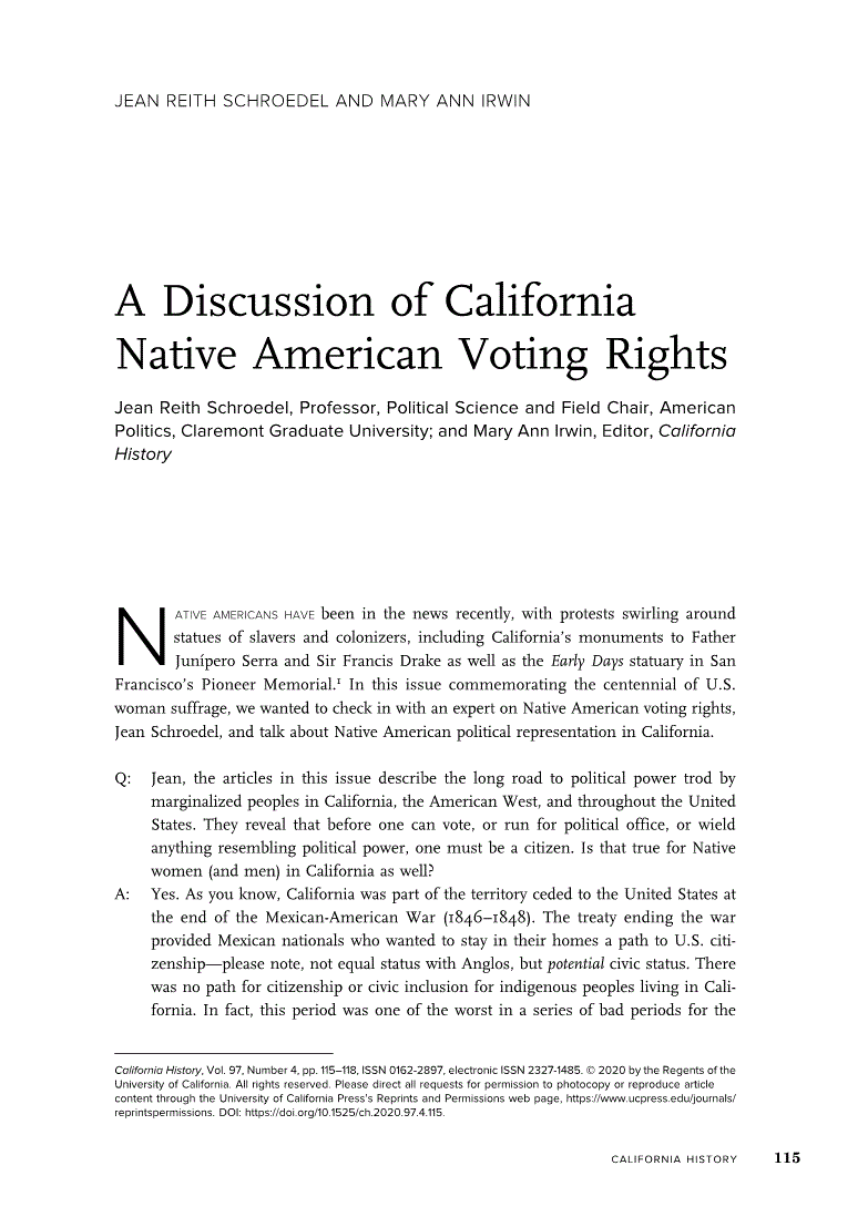 First page of A Discussion of California Native American Voting Rights