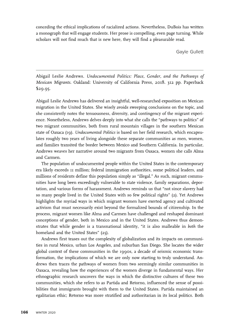 First page of Review: <italic>Undocumented Politics: Place, Gender, and the Pathways of Mexican Migrants</italic>, by Abigail Leslie Andrews