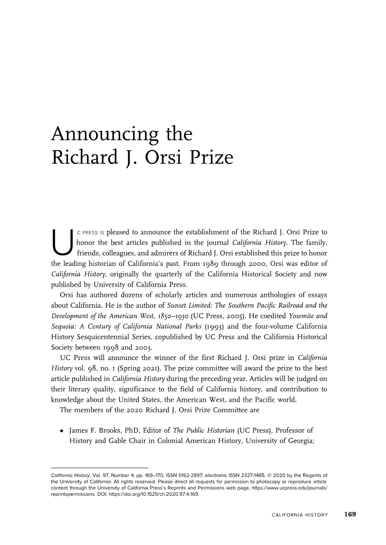 First page of Announcing the Richard J. Orsi Prize