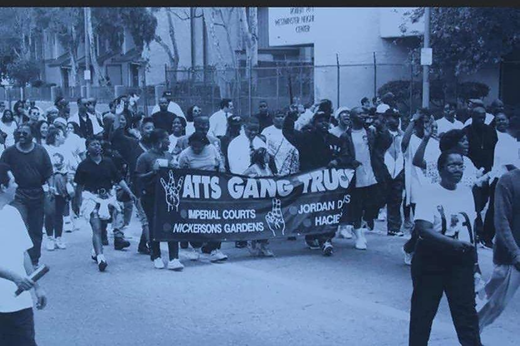 A march through all of the housing developments in Watts in 1993, celebrating the first anniversary of the gang truce.