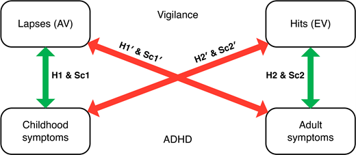 Note. The green arrows (drawn parallel left and right) represent the two general predictions derived from Halperin and Schulz’s (2006) neurodevelopmental model, while the red arrows (intersecting in the middle) represent their opposite predictions. All predictions are correlations between the two elements linked by the arrow. Correlations are positive in predictions involving lapses (AV) and negative in predictions involving hits (EV). Correlations involving symptoms in adulthood are controlled for symptoms in childhood. H1, H2, H1′, and H2′ are primary hypotheses referring to vigilance decrement (primary measures), while Sc1, Sc2, Sc1′, and Sc2′ are secondary hypotheses referring to overall vigilance (secondary measures). AV = arousal vigilance; EV = executive vigilance; ADHD = attention-deficit/hyperactivity disorder.