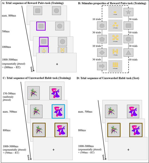 A Trial sequence of the training phase of the Reward Pairs task. Each trial started with the presentation of two stimuli. The selected stimulus was indicated by a purple frame. Then both stimuli and their respective rewards were shown. A fixation cross was presented in the center of the screen during the exponentially jittered inter-trial-interval, which also included the remainder of the response time window. The trial sequence and timing of the test phase (not shown) was similar but did not display the rewards. B Example stimulus-to-reward assignment of the Reward Pairs task, showing eight stimuli (geometric shapes), five reward levels (1, 3, 5, 7, and 9 points; yellow points), and the respective number of training trials per training session. For example, the pentagon and circle were both worth five points, while the triangle was worth seven points. The circle was presented with the square in ten trials and with the triangle in 30 trials during training. Thus, stimuli of the same reward level (e.g., 5 points) were chosen with different frequencies (e.g., 30 times for the pentagon and ten times for the circle) for reward maximizing decision makers. C Trial sequence of the training phase of the Unrewarded Habit task. Each trial of the training phase started with the presentation of two stimuli. A blue frame appeared around one of the stimuli instructing participants to select this stimulus. A brown frame indicated both the chosen and unchosen stimulus. During the exponentially jittered inter-trial-interval, which also included the remainder of the response time window, a fixation cross was presented in the center of the screen. D Test phase of the Unrewarded Habit task. Trials followed a similar sequence as the training trials but lacked the blue frame to instruct participants which stimulus to choose. Thus, when the two stimuli appeared on the screen, participants selected one of them freely. RT – response time.